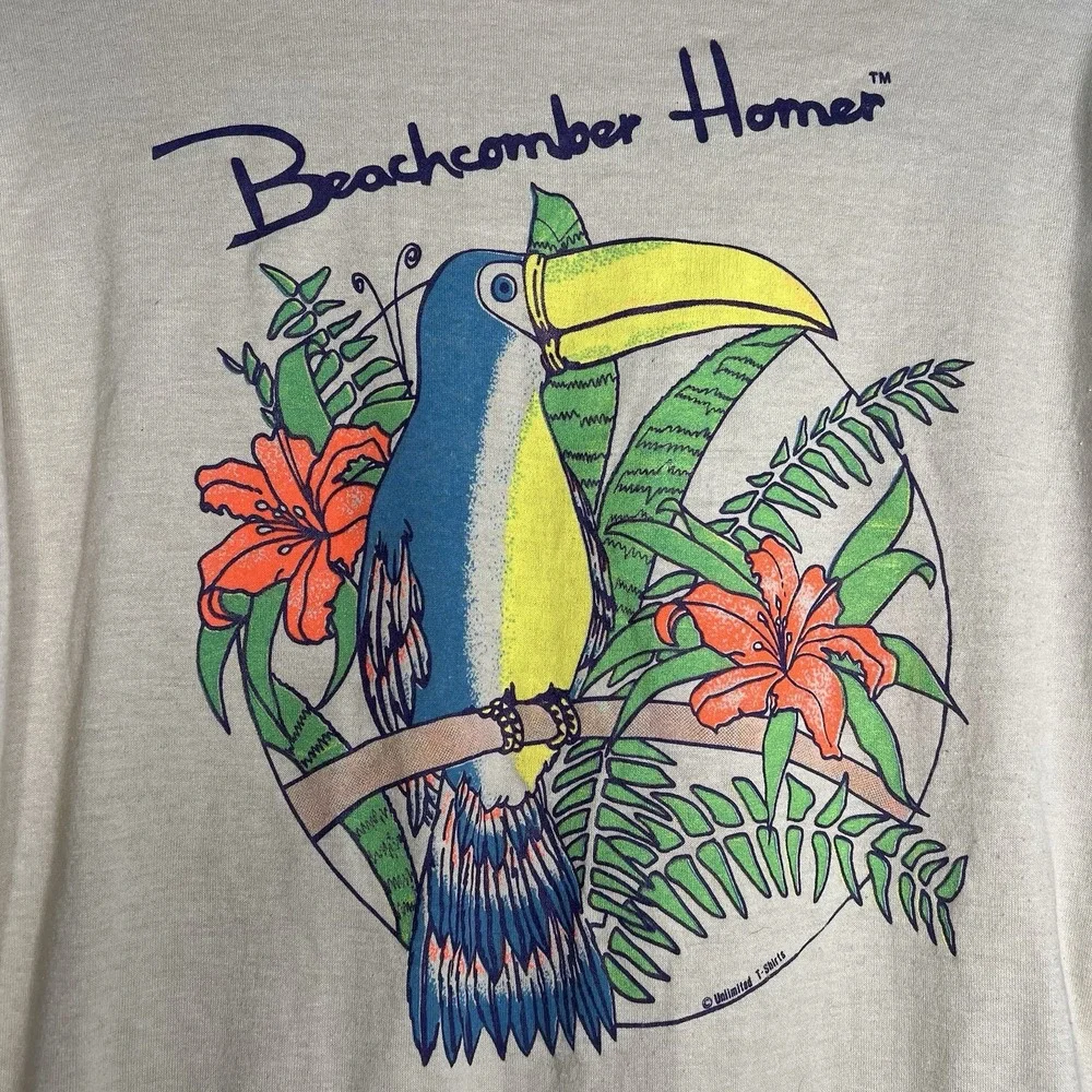 Vintage‎ Beach Beachcomber Homer Toucan Long Sleeve Tee T-Shirt L Large Retro